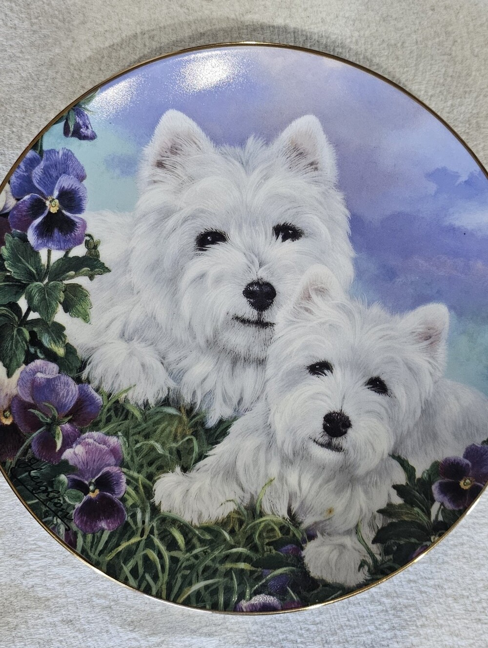 Danbury Mint White Westies with Purple Pansies Collector Plate